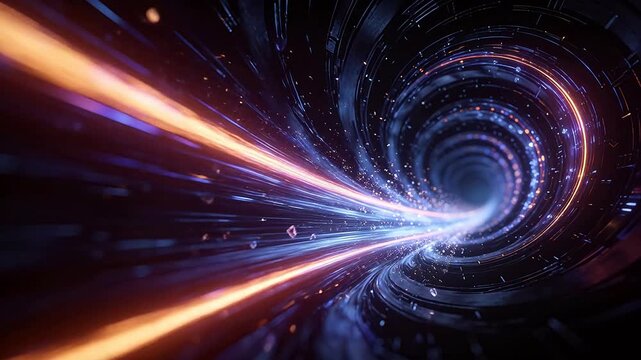 Sci-fi space time tunnel with glowing particles and fragments