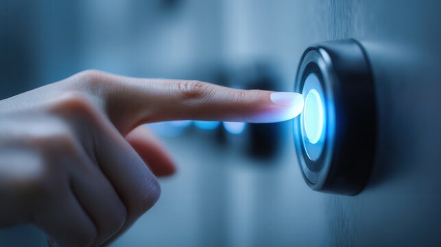 Finger tapping illuminated access control button, closeup with blue LED ring, office security panel interaction, employee authenticating entry, sleek metal finish, sensor feedback and subtle ambient