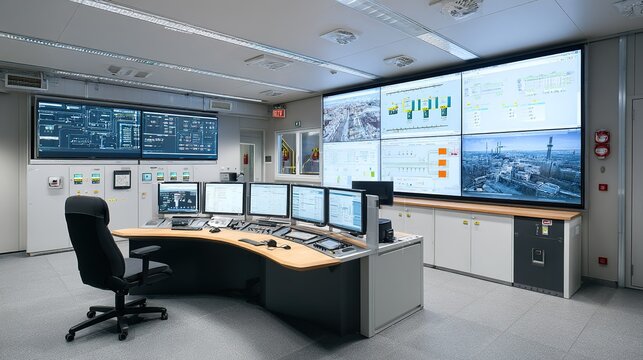 Modern industrial control room with large monitor wall and workstation for monitoring and managing complex infrastructure systems