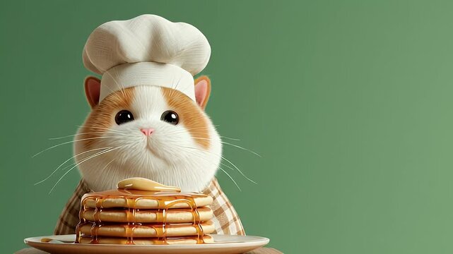 Cute Cartoon Cat Chef Serving Stack of Hot Pancakes with Syrup