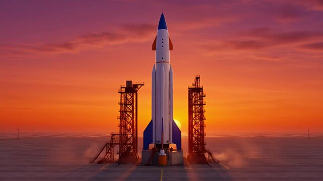 Dramatic scene of a rocket on a launchpad against a colorful sunset