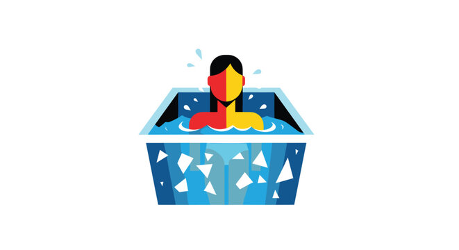 A person with a two-toned face is submerged in a blue ice bath with fragmented ice shapes.