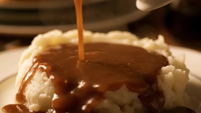 Rich gravy poured over creamy mashed potatoes for a comforting meal.