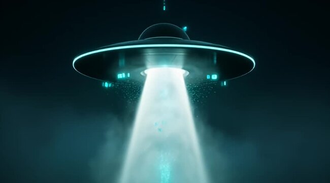 A futuristic flying saucer with a beam of light, set against a dark background
