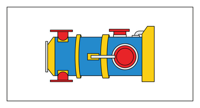 A geometric illustration of a blue hyperbaric oxygen chamber with yellow bands and red attachments is displayed on a white background.