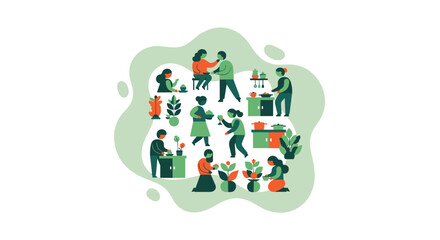 Fototapeta premium A vibrant collection of small, stylized human figures engages in gardening, cooking, and social interaction on an abstract light green background.