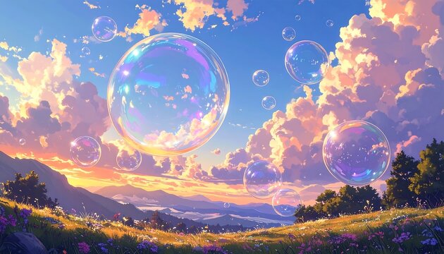 Digital painting of a vibrant landscape at dusk. Large, iridescent bubbles float among pastel-colored clouds over a rolling green meadow