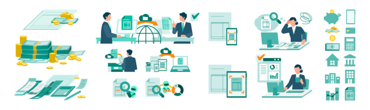 Comprehensive vector illustration set of invoice processing for business workflow optimization showing cloud based accounting solutions with automated payment and financial data management.