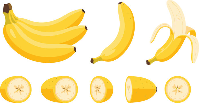 Set of Flat Vector Yellow Banana Illustrations Featuring Whole Bunches Single Peels and Round Fruit Slices for Healthy Food Branding and Kitchen DecorSet of Flat Vector Yellow Banana Illustrations Fea