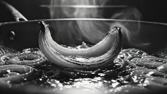 Black and white close up of caramelized onions cooking in a pan with a half-moon of onion