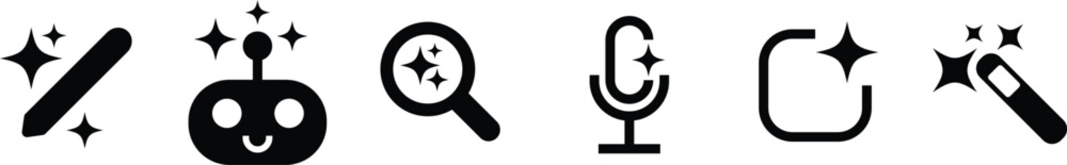 A series of black glyph icons illustrating artificial intelligence magic tools and sparkling user interface elements © Gill