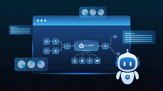 Futuristic AI automation workflow network diagram dashboard system processing flow with automation pipelines, analytics dashboards and automation system, looped animation