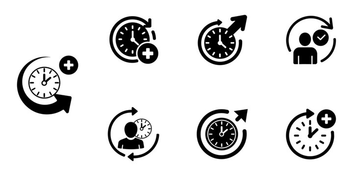 Time management symbol with clock and add button.  Circular arrow indicating time passing and new event addition.