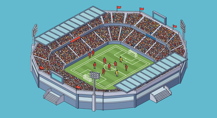 Pixel Art Football Stadium Isometric View with Players and Crowd © Ani