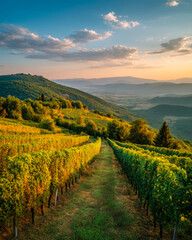 Naklejka premium Hillside vineyard rows sweeping across rolling mountains at golden sunset