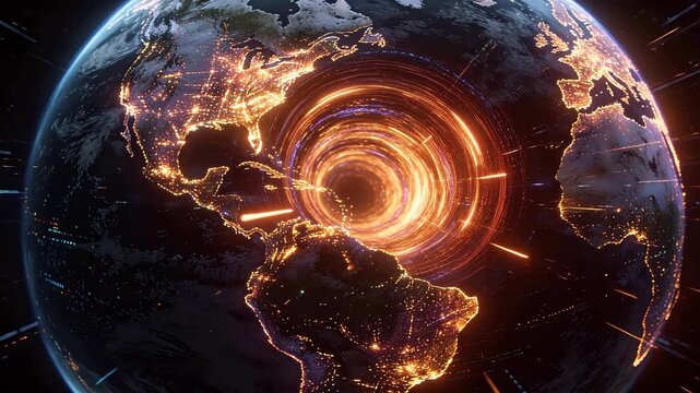 Earth view from space with golden spiral light and city lights