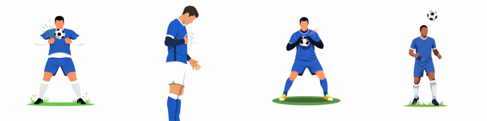 Obraz premium Vector illustrations of soccer players in blue uniforms performing different actions including heading, chesting, and goalkeeping isolated on a white background.