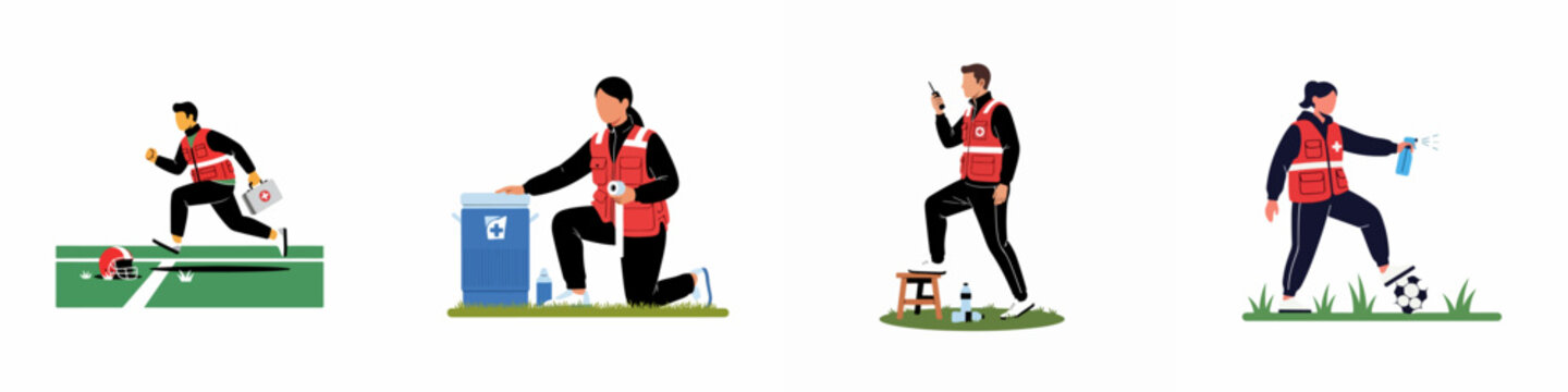 Flat vector illustrations of sports medical staff and first responders providing emergency aid and support at various athletic events on white background.