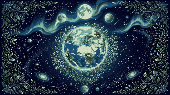 Glowing earth surrounded by celestial bodies and ornate floral patterns in space
