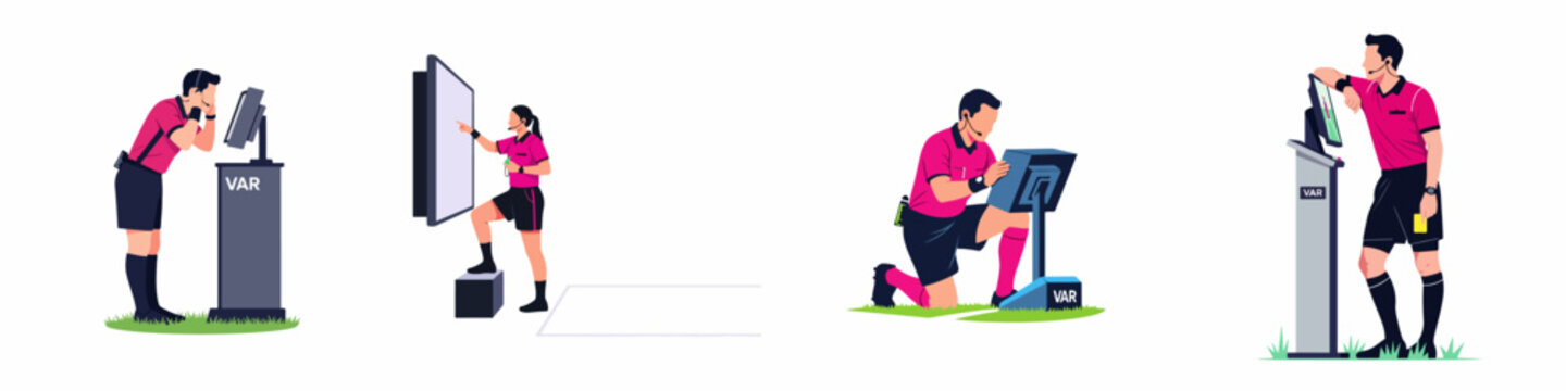Vector illustrations of football referees using Video Assistant Referee (VAR) systems to review plays on monitors, isolated on a white background.