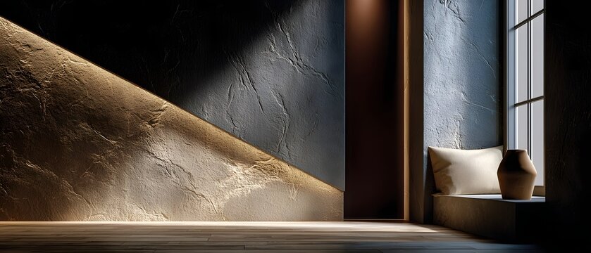 斜めデザインのモダン壁と窓辺の空間｜ミニマルインテリア背景