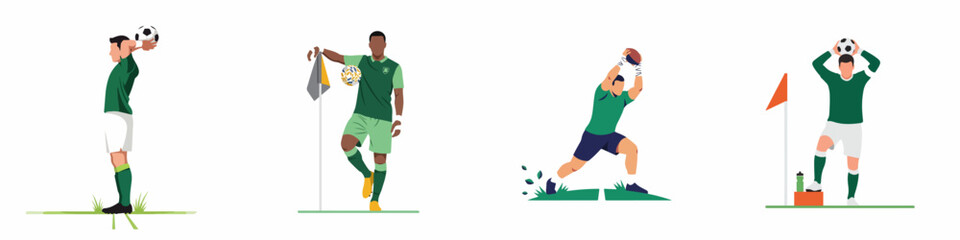 A set of four flat vector illustrations featuring diverse male athletes performing various actions in soccer and rugby matches on a white background. © Reno
