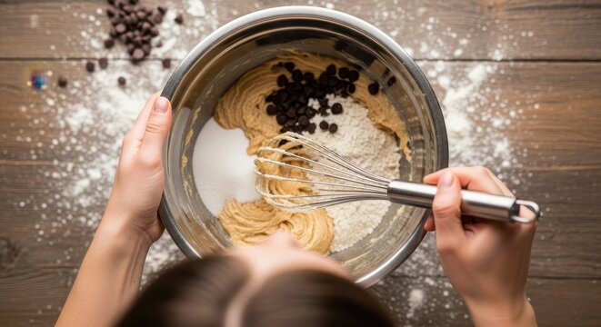 Mixing ingredients in a bowl with a whisk for baking.