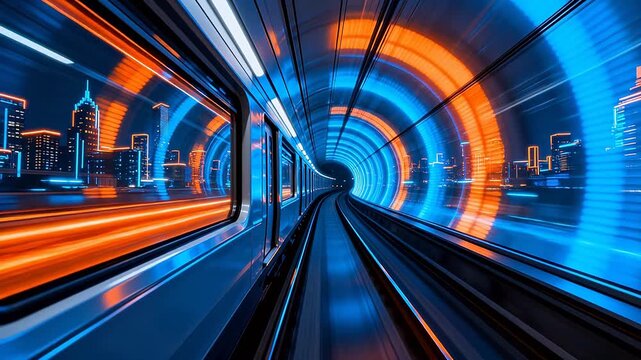 Futuristic train speeding through neon tunnel with city skyline