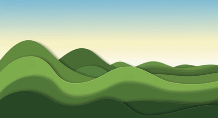 Obraz premium Abstract layered paper cut illustration of green rolling hills under a clear sky