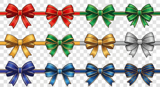 Collection of colorful decorative bows and ribbons on a transparent background