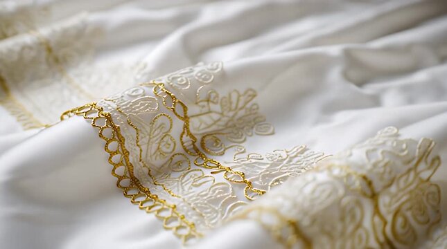 Close-up of ornate white fabric with golden embroidery in an elegant, flowing arrangement. The delicate details evoke luxury and artistry