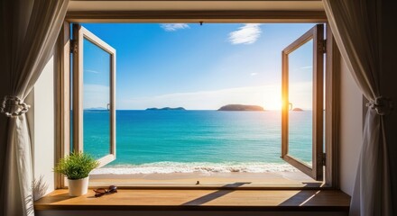 Fototapeta premium Open window with a breathtaking view of a tropical beach at sunset.