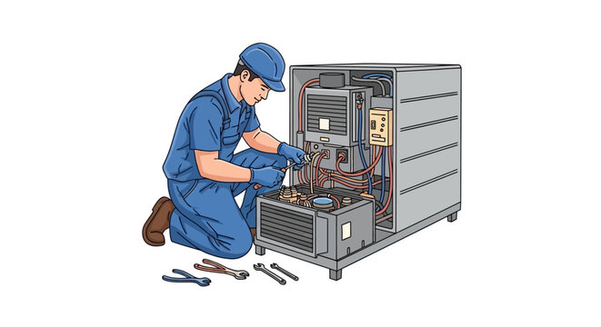 Illustrated vector of an HVAC technician cartoon repairing an open air conditioning unit as part of a professional AC cleaning service, depicting cooling system maintenance with tools, set