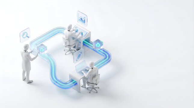 3D isometric multi-agent workflow with cyan data flow on white