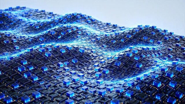 Blue glowing cubes on circuit board forming digital terrain