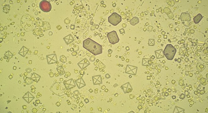 Microscopic examination of urine sediment showing uric acid and calcium oxalate crystals.