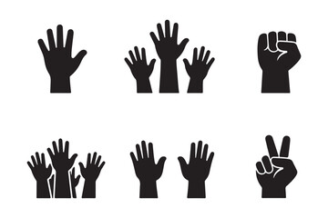 Fototapeta premium Human Hand Gestures Icon Set: Raised Hands, Unity Fist, and Peace Symbol Silhouettes.