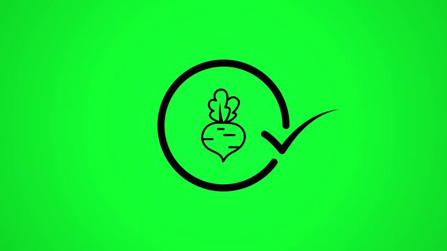 Animated circle with beet icon and check mark appearing on green screen background.