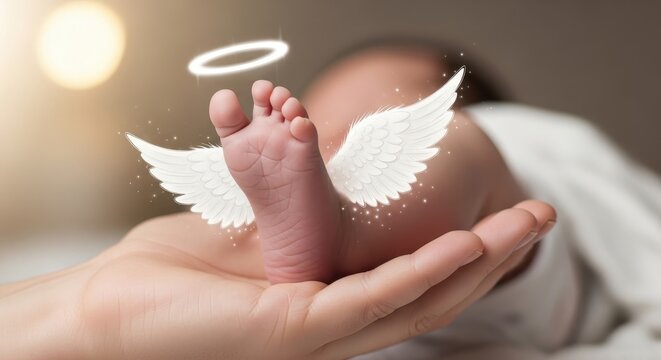 Newborn babys feet held in parents hand with angel wings and halo, symbolizing infant loss or a baby angel.