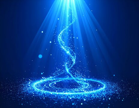 Glowing blue light spiral descending from above, forming a circular glow