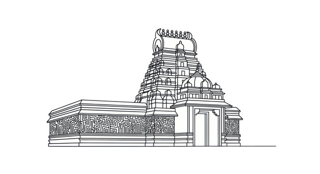 Indian Temple Architecture Sketch - Hindu Gopuram Tower and Mandapam