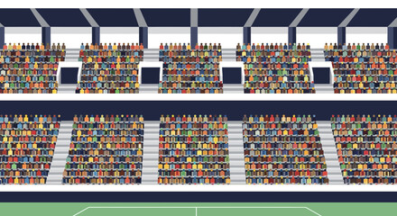 Sports stadium seating with crowd and green field below, flat design © Ganjar