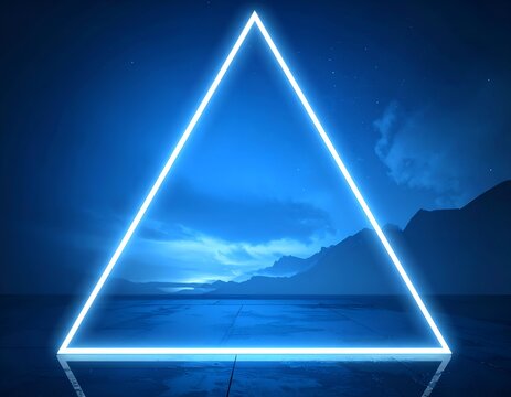 Glowing blue triangle frames distant mountains and a reflective surface