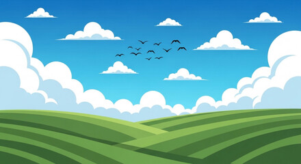 Obraz premium Serene landscape with rolling green hills blue sky white clouds and birds flying overhead in a peaceful natural setting