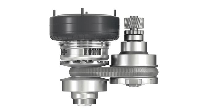 Top view of continuously variable transmission (CVT) animation isolated on white background - 3D animation seamlessly loopable
