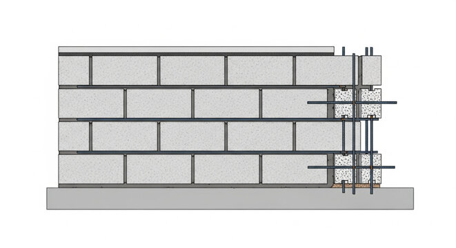 AAC Block Wall Construction with Reinforced Concrete Column Detail Illustration