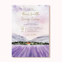 wedding invitation with lavender field and house watercolor background