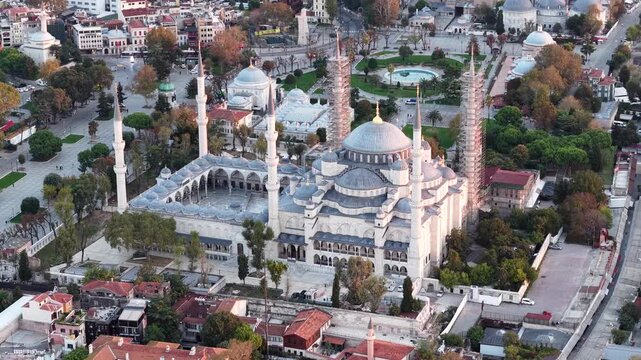 Aerial Shot of Sultan Ahmed Mosque and Taksim Square in Istanbul, Turkey at Sunrise