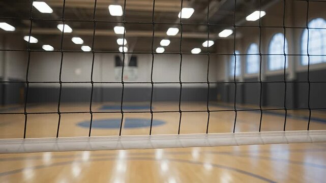 net in empty indoor gym court, volleyball badminton arena, low angle shot