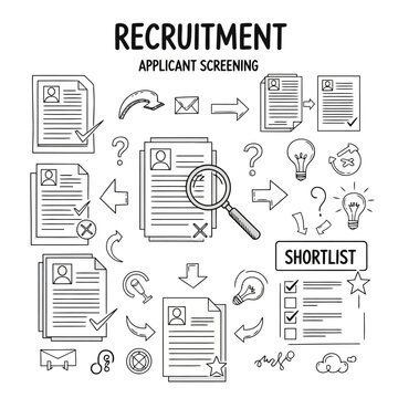 Recruitment applicant screening process with various icons including resumes, magnifying glass, question marks, light bulbs, and shortlist concept.